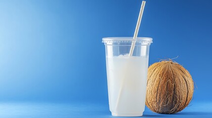 Refreshing coconut drink in a clear cup with a straw against a vibrant blue background