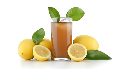 Wall Mural - Refreshing glass of iced lemon tea surrounded by fresh lemons and green leaves on a white background