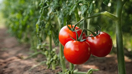 Wall Mural - Fresh ripe tomatoes clustered on green vines in a lush garden setting captured in vibrant red and green hues with a soft focus background.