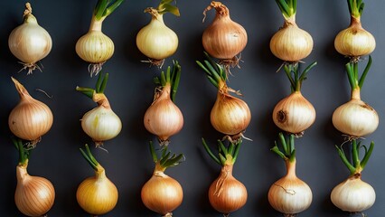 Sticker - Diverse assortment of fresh onions arranged in rows against a dark background showcasing their white and brown skins with vibrant green sprouts.