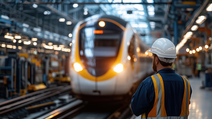 Wall Mural - Engineer Observing High-Speed Train Approaching in Modern Station with Industrial Background and Safety Gear