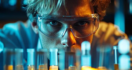 Poster - Scientist Inspecting Yellow Liquid in Test Tubes Under Blue and Orange Lighting in Laboratory