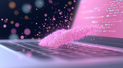 Pink Code Particles Flowing from Laptop Keyboard