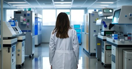 Poster - Woman In White Lab Coat Walking Down Hallway In Laboratory With A View From Behind