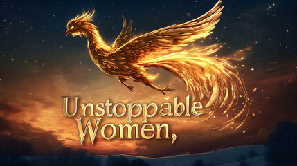 Wall Mural - a golden phoenix soaring against a twilight sky with shimmering wings spelling 