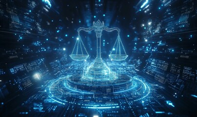 Scales of justice in a futuristic cyber world, symbolizing law, order, and legal technology in a digital era with blue neon lights and abstract data