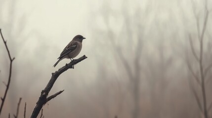 Leinwandbilder - Lone bird on a dead tree branch against a foggy background providing ample space for text. Generative AI
