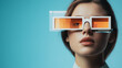 © CreativeIMGIdeas - Visionary Woman: A woman adorned with futuristic eyewear, gazing intently against a vibrant backdrop, represents the intersection of technology, fashion, and forward-thinking design.