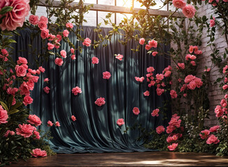 Wall Mural - A stage-like setting, adorned with abundant pink roses, draped over dark fabric.