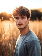 Poster - Young man in a field at sunset with golden grass and warm sunlight illuminating his face and natural surroundings. Generative AI