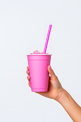 Sticker - Closeup hand holding a cold drink with ice cubes with drinking straw isolated on white background