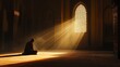 © liliyabatyrova - A man kneels in prayer, his back turned to the viewer, as sunlight pours through an intricately designed window, casting a warm glow on the stone floor. The atmosphere is serene and introspective