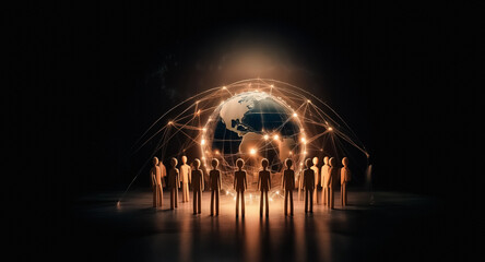 Aufkleber - Illuminated figures stand encircled by a glowing network around a globe, symbolizing global connections and unity in a dark setting.