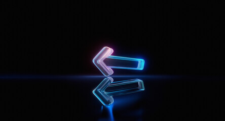 Aufkleber - A vibrant neon arrow, illuminated with pink and blue hues, points to the left against a stark black backdrop with a glossy reflection below.