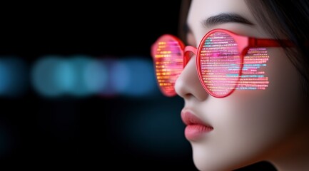 Woman wearing glasses reflecting AI code  future tech  digital innovation  programming con