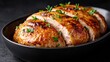 © MAKASIHMAS SIDNEY - Sliced roasted chicken breast garnished with fresh herbs served in a black ceramic dish against a dark background.