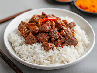 Wall Mural - plain rice with beef chunks, with rendang sauce on top, on top of a white plate. long shot angle camera.