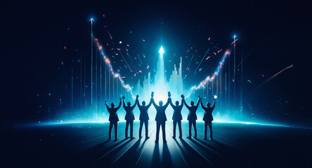 Leinwandbilder - Silhouetted team celebrates success with arms raised as bright light streaks upwards, symbolizing growth and achievement against a dark blue backdrop.