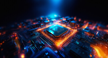 Poster - Futuristic circuit board with glowing blue and orange lines.  Energy pulses through pathways, illuminating the electronic landscape in a vibrant display of technology.