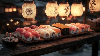 Savoring sushi and sashimi delights at a vibrant japanese marketplace culinary art evening food culture