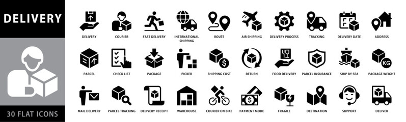 set of 30 delivery and logistic black and white flat style icons set. icons such as clipboard, deliv