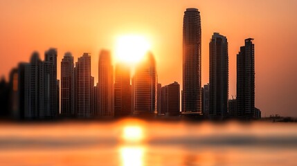 Canvas Print - Stunning sunset over a city skyline with towering buildings reflecting golden light