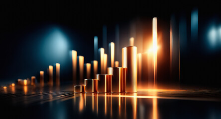 Poster - Abstract image features warm, cylindrical shapes arranged in rows against a dark, blue-lit backdrop, evoking a futuristic cityscape or abstract structure.