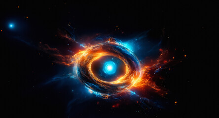 Aufkleber - Vibrant energy swirls around a central glowing orb, creating a dynamic cosmic display against the dark expanse of space.  Intense blue and orange hues radiate outwards in an abstract design.