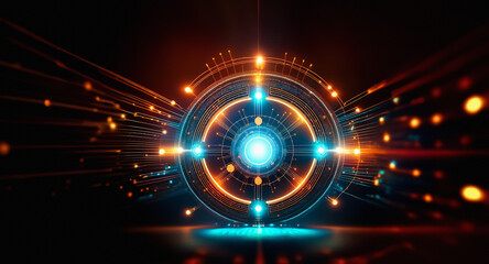 Poster - A dynamic abstract design featuring a glowing circle with radiating lines and bright light against a dark backdrop. Orange and blue hues create a futuristic, technological style.