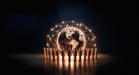 Leinwandbilder - A glowing globe is encircled by a luminous network, symbolizing global connection.  A group of people stand at the base, representing a connected community in a digital world.
