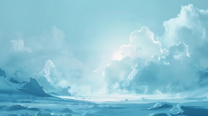Wall Mural - a minimalist ice-covered landscape with faint sunlight breaking through clouds.