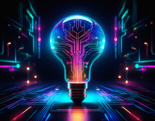 Poster - A glowing lightbulb with circuit patterns on a neon background suggests innovation and technological ideas. Futuristic digital concept.