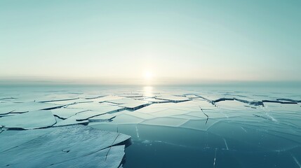 Wall Mural - a minimalist scene of cracked ice on a frozen lake with faint reflections.