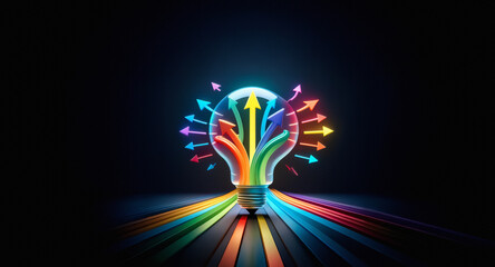Poster - A luminous lightbulb shape made of vibrant, multicolored arrows radiates outwards and upwards on a dark backdrop, representing spreading ideas and growth.