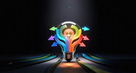 Poster - A vibrant light bulb radiates colorful arrows, symbolizing ideas spreading outwards.  Bright paths converge towards the bulb against a dark backdrop, representing innovation and creative solutions.