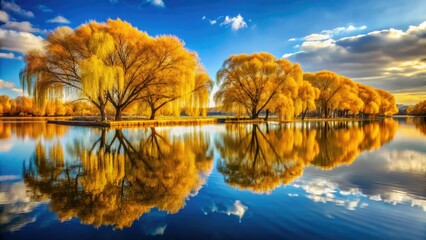 Wall Mural - Architectural lines frame a serene scene: willow reflected in tranquil blue.