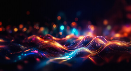 Fototapete - Abstract wavy background with bokeh lights.  Vibrant blue, orange, and purple hues create a dynamic and flowing feel, with blurred lights adding depth and sparkle.