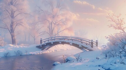 Wall Mural - frost-covered tree branches illuminated by golden hour light.