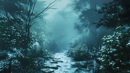 Wall Mural - a snowy path leading into a dense, foggy forest.
