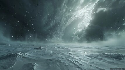 Wall Mural - a wide-angle shot of a snowstorm engulfing a flat, icy plain.