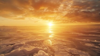 Wall Mural - a wide view of a frozen plateau under an intense golden sunset.