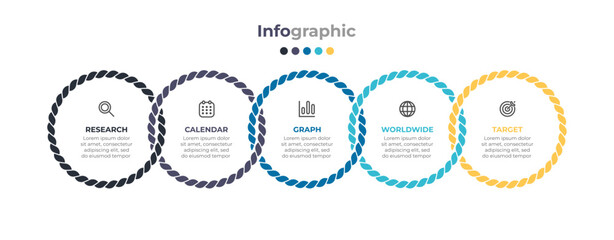 Wall Mural - Modern infographic design template with creative rope and circle connection. Business process illustration marketing icons and outlines 5 steps or options.