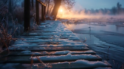 Wall Mural - frosted wooden planks leading to an icy lake at dawn.