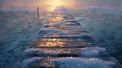 Wall Mural - frosted wooden planks leading to an icy lake at dawn.