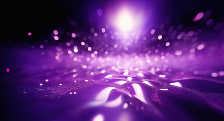 Leinwandbilder - Abstract purple background with bright light and shimmer. A path of light flows towards the viewer in a dark space.