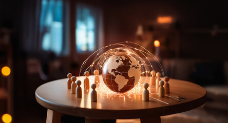 Aufkleber - Illuminated globe on a wooden table surrounded by small figures, radiating light in a blurred room interior, suggesting global connection.
