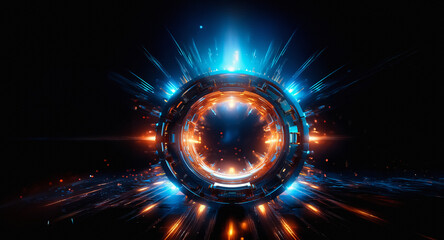 Aufkleber - Abstract glowing sphere emitting bright blue and orange light against a dark backdrop.  Energy radiates outwards, creating a dynamic and futuristic visual effect.