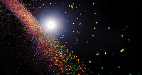 Fototapete - Abstract Colorful Particle Flow Against Black Background In Space With Bright Light Source
