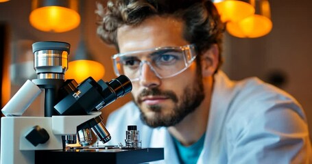 Poster - Male Scientist Wearing Lab Coat and Protective Glasses Examining the Microscopic World