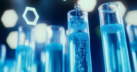 Aufkleber - Blue Liquid Filled Test Tubes with Hexagonal Light Source on Dark Background